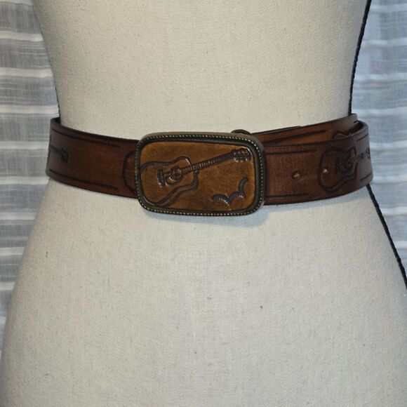 Vintage Tooled Leather & Brass Guitar Belt and Belt Buckle Made In U.S.A. - Picture 11 of 12